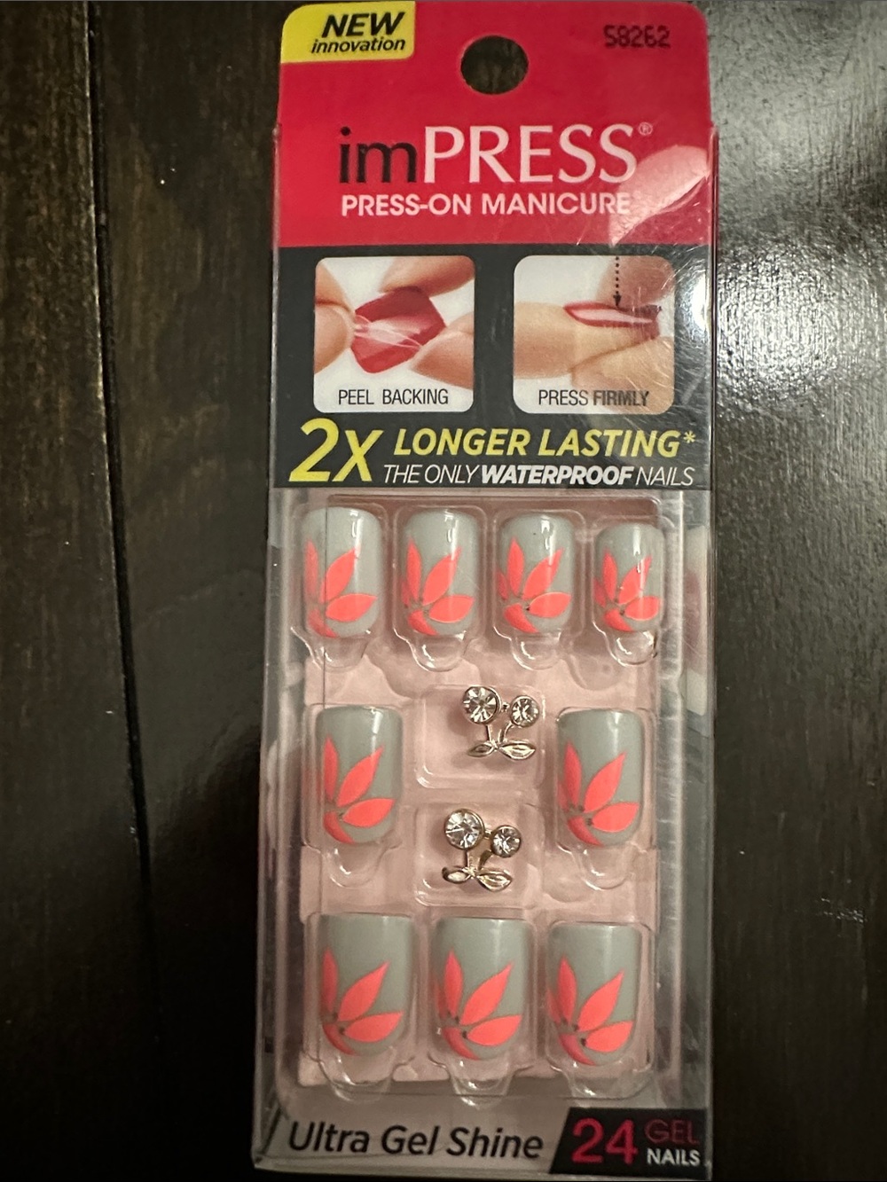 imPRESS Gray & Coral Floral Press-On Nails with Rhinestones